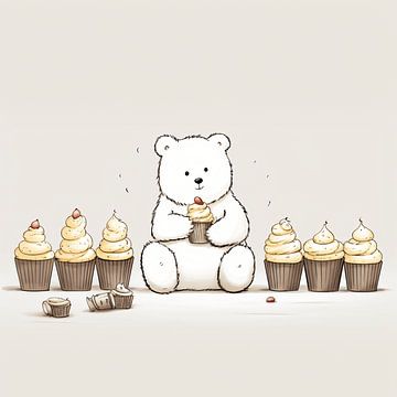 Illustration of a polar bear with lots of cupcakes. by Karina Brouwer