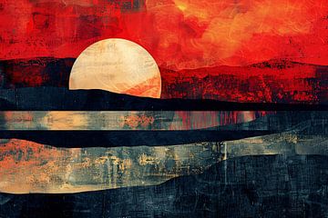 Abstracte kleurrijke zonsondergang op bergen van De Muurdecoratie
