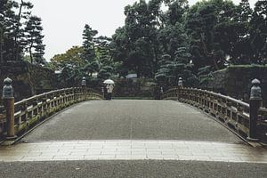 Wandelaar met paraplu tijdens een bui in Tokyo van Mickéle Godderis