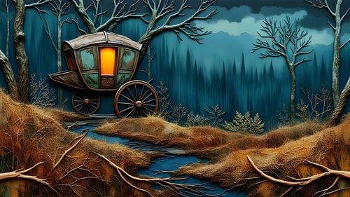 Collage - a gypsy wagon in the forest