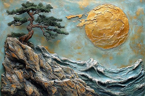 art japonais soleil mer et terre avec arbre