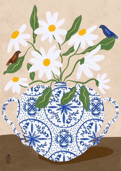 White Flowers in a Vase with Birds Illustration by Dirkie Nell
