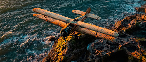 Flugzeug am Meer – Sonnenuntergang