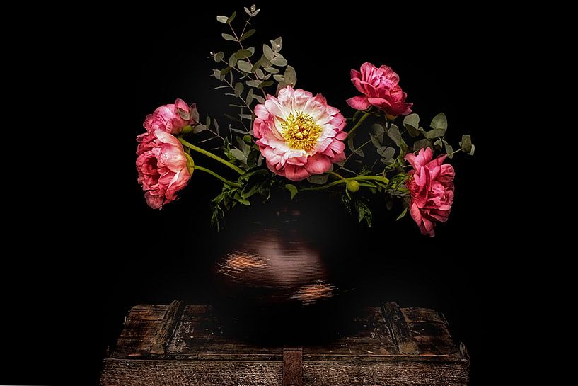 Peonies in a rustic vase on a vintage chest by Marlika Art