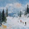 Impressionistische Winterlandschaft Ölgemälde - Skifahrer im Schnee von Peter Pen Zeichnungen und Gemälde