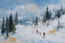 Impressionistische Winterlandschaft Ölgemälde - Skifahrer im Schnee von Peter Pen Zeichnungen und Gemälde