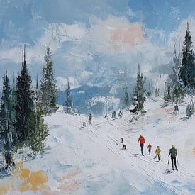Impressionistisch Winterlandschap Olieverf - Skiërs in Sneeuw van Peter Pen tekeningen en schilderijen