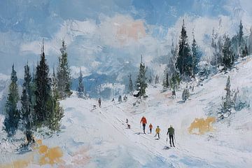 Peinture impressionniste à l'huile d'un paysage d'hiver - Skieurs dans la neige sur Dessins et peintures de Peter Pen
