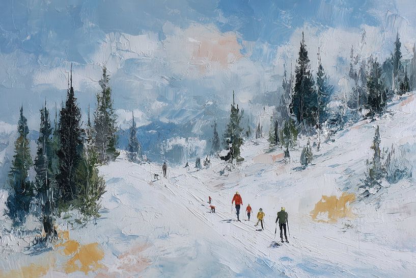 Peinture impressionniste à l'huile d'un paysage d'hiver - Skieurs dans la neige par Dessins et peintures de Peter Pen