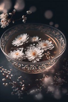 White Blossoms In Bowl by treechild .