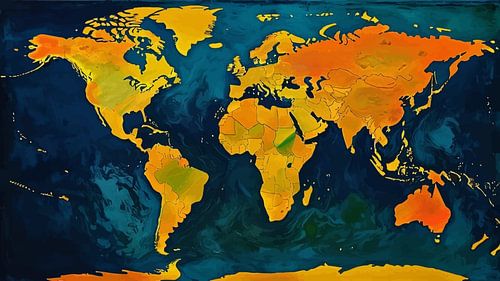 Wereldkaart - Vintage Blauw en Geel