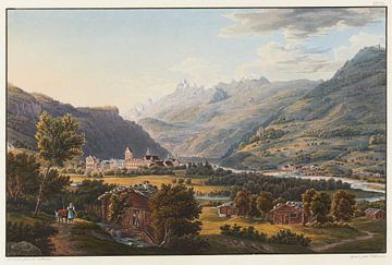 Gezicht op Ilanz, de eerste stad aan de oevers van de Boven-Rijn, Johann Ludwig Bleuler