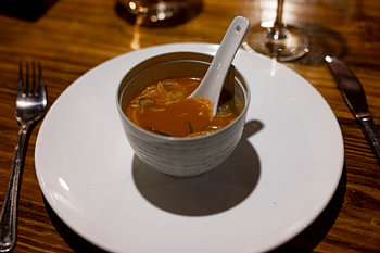 Fresh vegetarian tomato soup in a restaurant