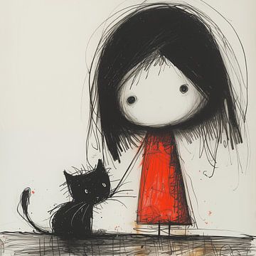 Meisje met kat minimal art van TheXclusive Art