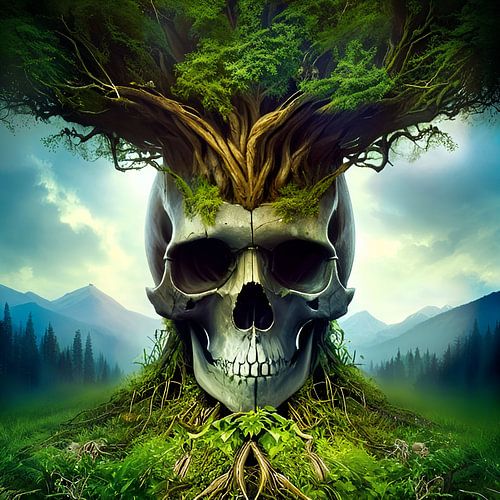 Crânes dans les arbres et incorporés dans des natures mortes