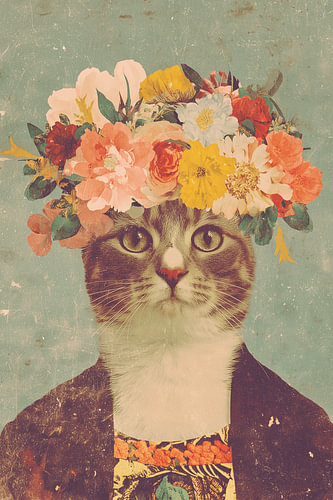 Vintage kat met bloemenkrans – Retro collage