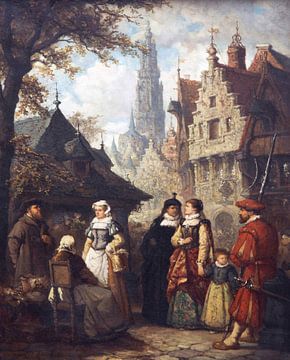 Hendrik Frans Schaefels, Adelige Frauen auf dem Weg zum Markt in Antwerpen, 1879