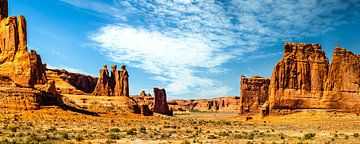 Panorama rotsformaties Three Gossips en Babel Tower in Arches National Park Utah USA van Dieter Walther