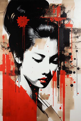 Abstrakte Geisha Essenz - Minimalistische Collage Druck