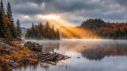 Un lac de forêt en automne, baigné par la lumière dorée du soleil sur Max Steinwald