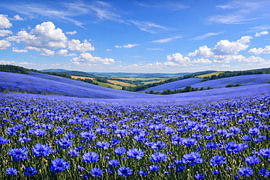 A field of blooming cornflowers beneath a blue sky in a hilly summer landscape by ButterflyPix