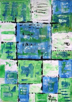 Vierkanten compositie in blauw en groen van elha-Art