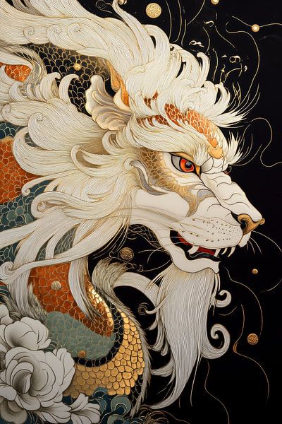 White dragon with fiery mane and gold details by Digitale Schilderijen