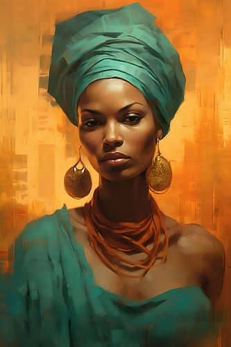 African woman wearing a coral necklace and a turban