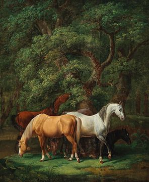 Grazende paarden onder eikenbomen, Johann Baptist Dallinger von Dalling