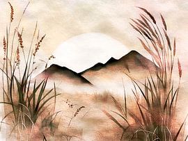 Japandi Grass Mountain Landscape Modern Abstract Japan by FRESH Fine Art