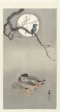 Ducks at full moon, Ohara Koson with kingfisher by Digital Art Studio