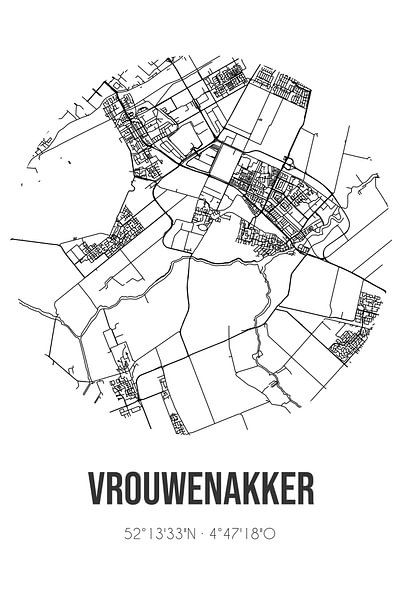 Vrouwenakker (Süd-Holland) | Karte | Schwarz-Weiß von Ortsdrucke