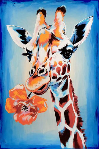 Giraffe met bloem in popart