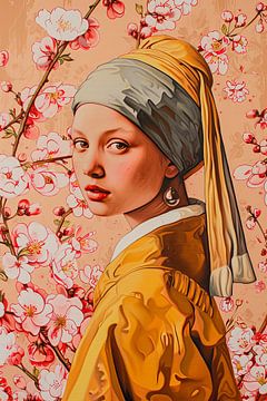 Girl with a pearl in the spring blossom by Vlindertuin Art