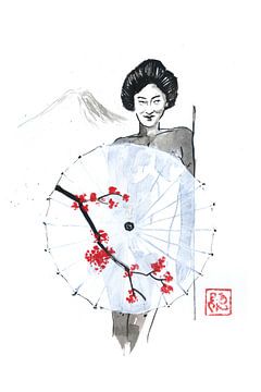 nude geisha behind umbrella and fuji by Péchane Sumie