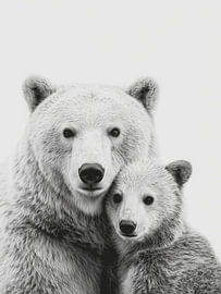 Mother Bear and Cub – Black and White Wildlife Art