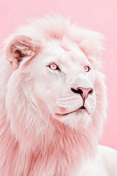 Lion blanc sur fond de rose tendre - Portrait par Poster Art Shop