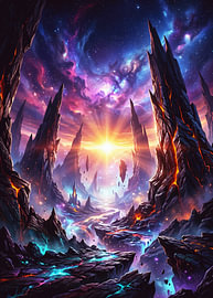 Zackige, leuchtende Lavafelsen umgeben einen strahlenden Sonnenstrahl und eine leuchtend violette Nebelwolke über einer fremdartigen Landschaft