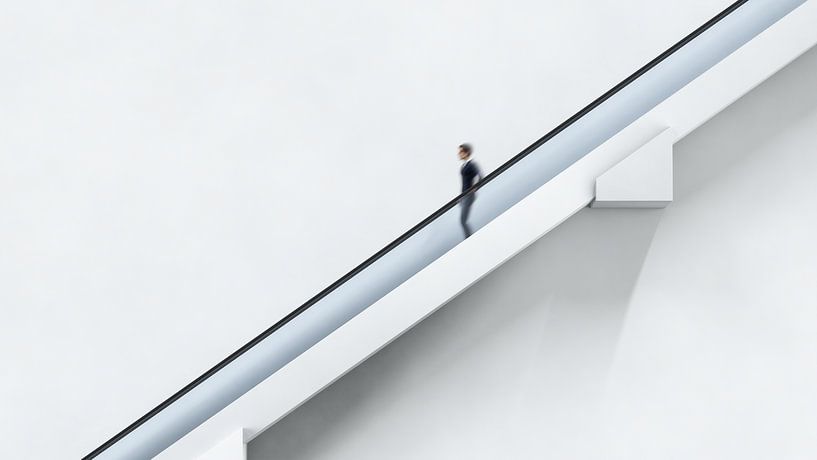 Escalator down in a white hall by Markus Gann