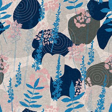 Retro botanische geometrische blauwe, roze en grijze bloemen en bladeren. van Dina Dankers