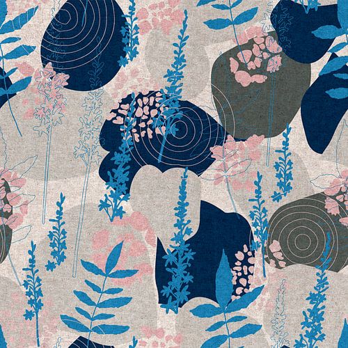 Retro botanische geometrische blauwe, roze en grijze bloemen en bladeren.