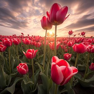 Tulpenveld bij zonsondergang van Koffie Zwart