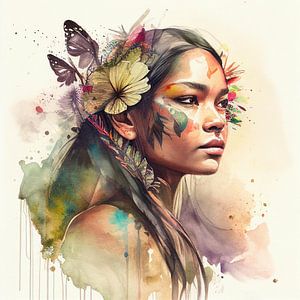 Floral Native Warrior Frau Seitenporträt