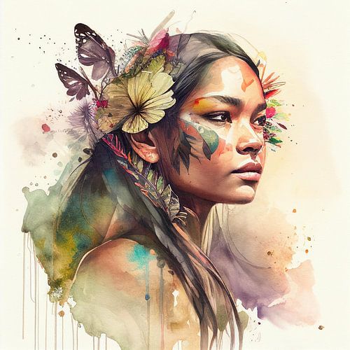 Floraal zijportret van inheemse krijgersvrouw