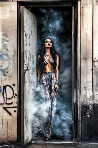 Vrouw in de rokerige entree