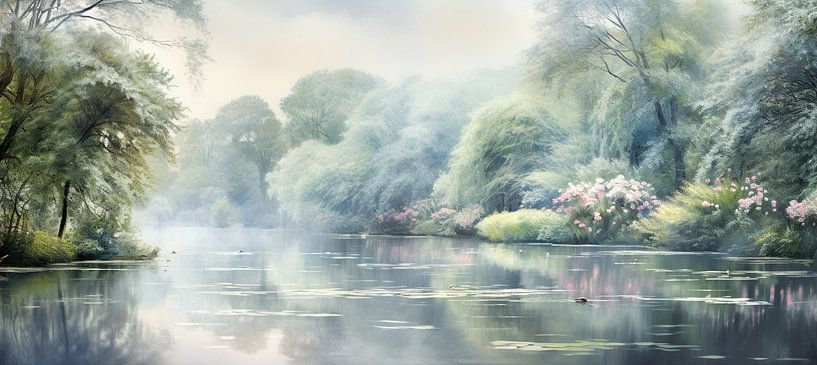 Silent Reflection | Misty River Landscape by Abstract Painting