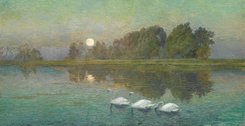 Drie zwanen in de schemering op een meer, Edgar Delaunois van Meesterlijcke Meesters