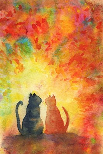 Two cats under a colourful sky by Karen Kaspar