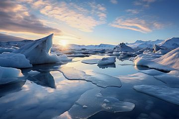 Ijsland bevroren landschap vol ijsschotsen in het water