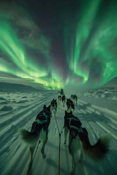 Husky sleigh ride under the northern lights by Poster Art Shop